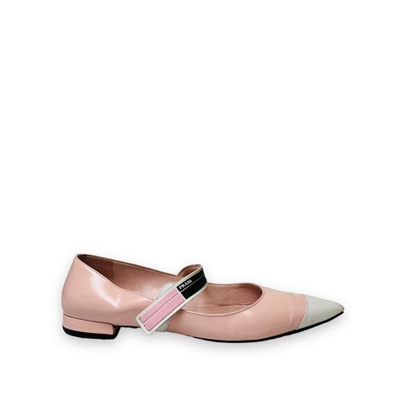 PRADA Pink Patent Leather Cap Toe Pointed Strap Closure Mary Jane Flats 37.5 - Picture 1 of 9